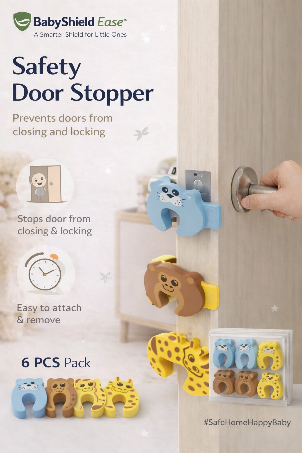 BabyShield Ease™ Baby Safety Door Stopper – Anti-Pinch Door Protector (6 PCS Pack)