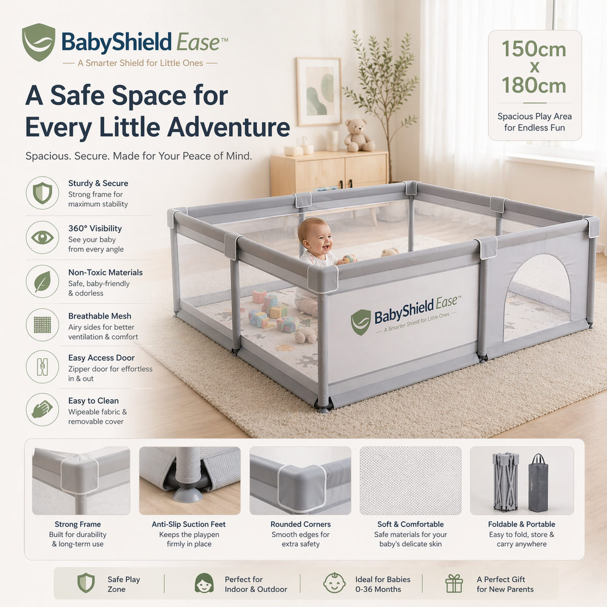 BabyShield Ease™ Premium Baby Playpen – Safe & Spacious Indoor Play Area for Babies